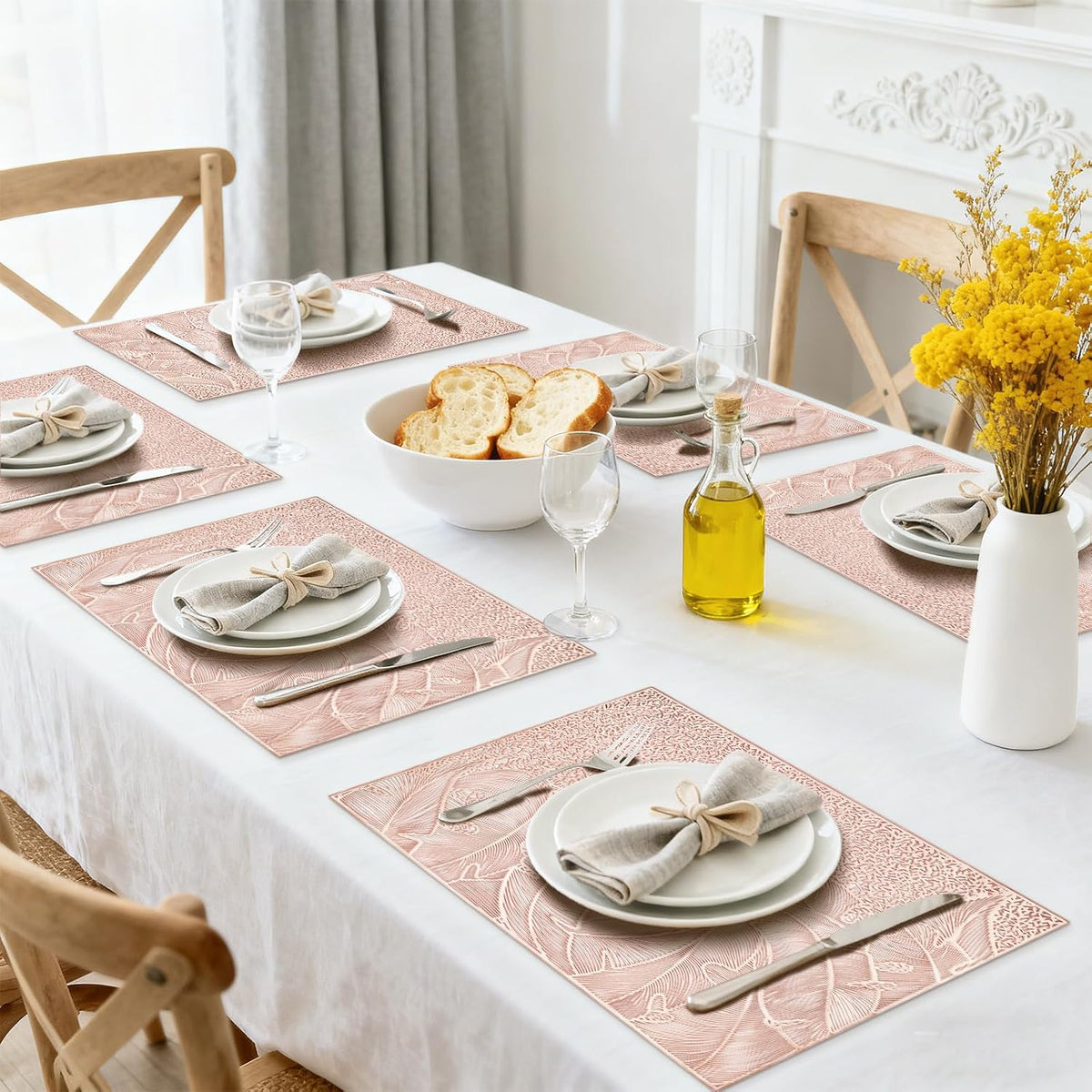 Rose Gold Leaf Pattern Rectangle Placemats, Set of 6, 18" x 12" Vinyl Hollow Out Metallic Table Mats for Dining Kitchen Home