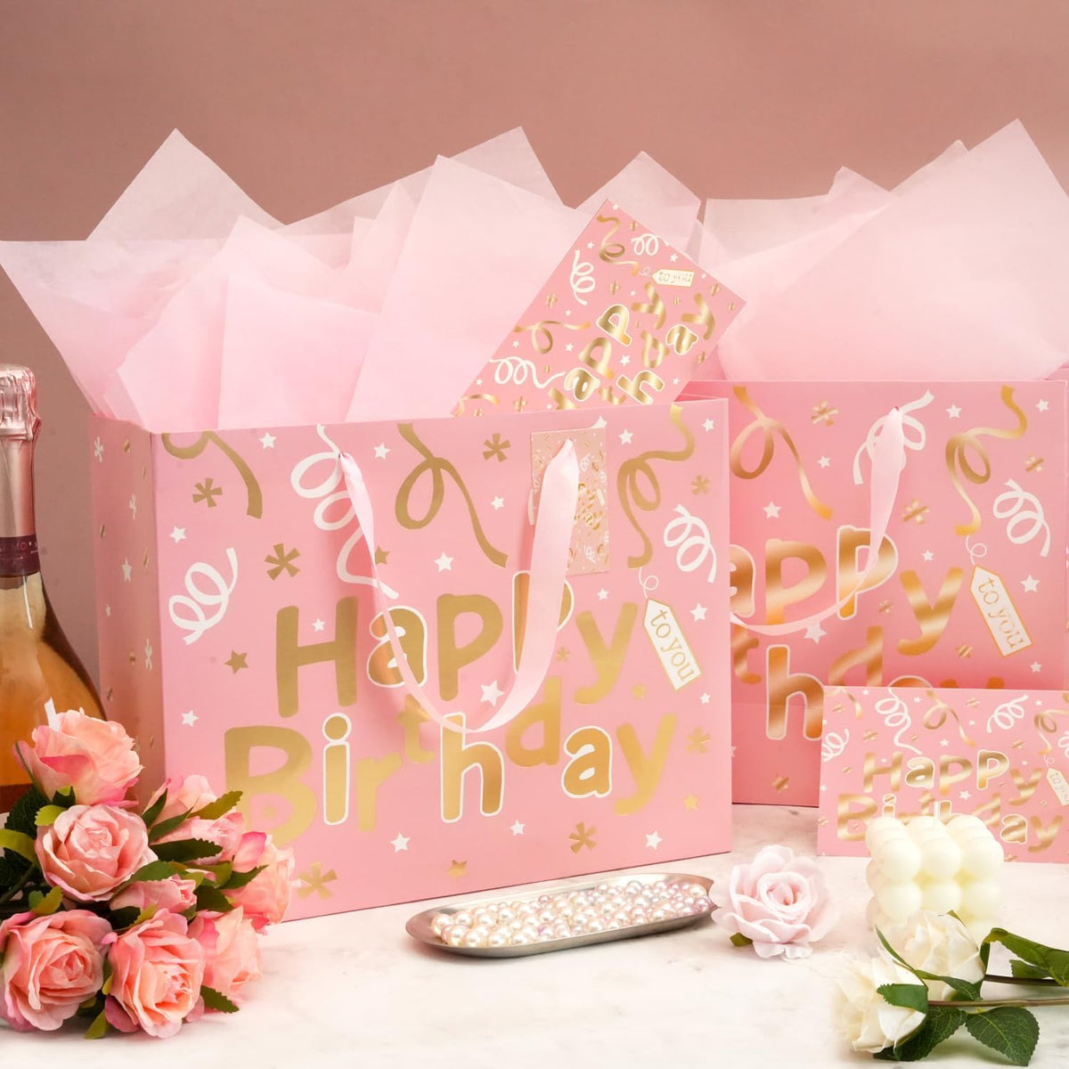 13’’ Pink Gift Bags with Tissue Paper and Greeting Card, 2 PCS Large Light Pink and Gold Foil Happy Birthday Gift Bag Set for Girls Women, Portable Paper Present Bags for Birthday Party, 13x10x5 Inch