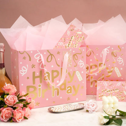 13’’ Pink Gift Bags with Tissue Paper and Greeting Card, 2 PCS Large Light Pink and Gold Foil Happy Birthday Gift Bag Set for Girls Women, Portable Paper Present Bags for Birthday Party, 13x10x5 Inch