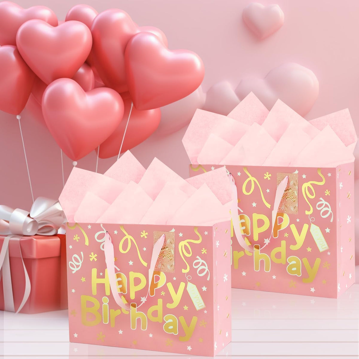 13’’ Pink Gift Bags with Tissue Paper and Greeting Card, 2 PCS Large Light Pink and Gold Foil Happy Birthday Gift Bag Set for Girls Women, Portable Paper Present Bags for Birthday Party, 13x10x5 Inch