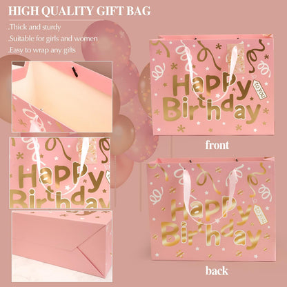 13’’ Pink Gift Bags with Tissue Paper and Greeting Card, 2 PCS Large Light Pink and Gold Foil Happy Birthday Gift Bag Set for Girls Women, Portable Paper Present Bags for Birthday Party, 13x10x5 Inch