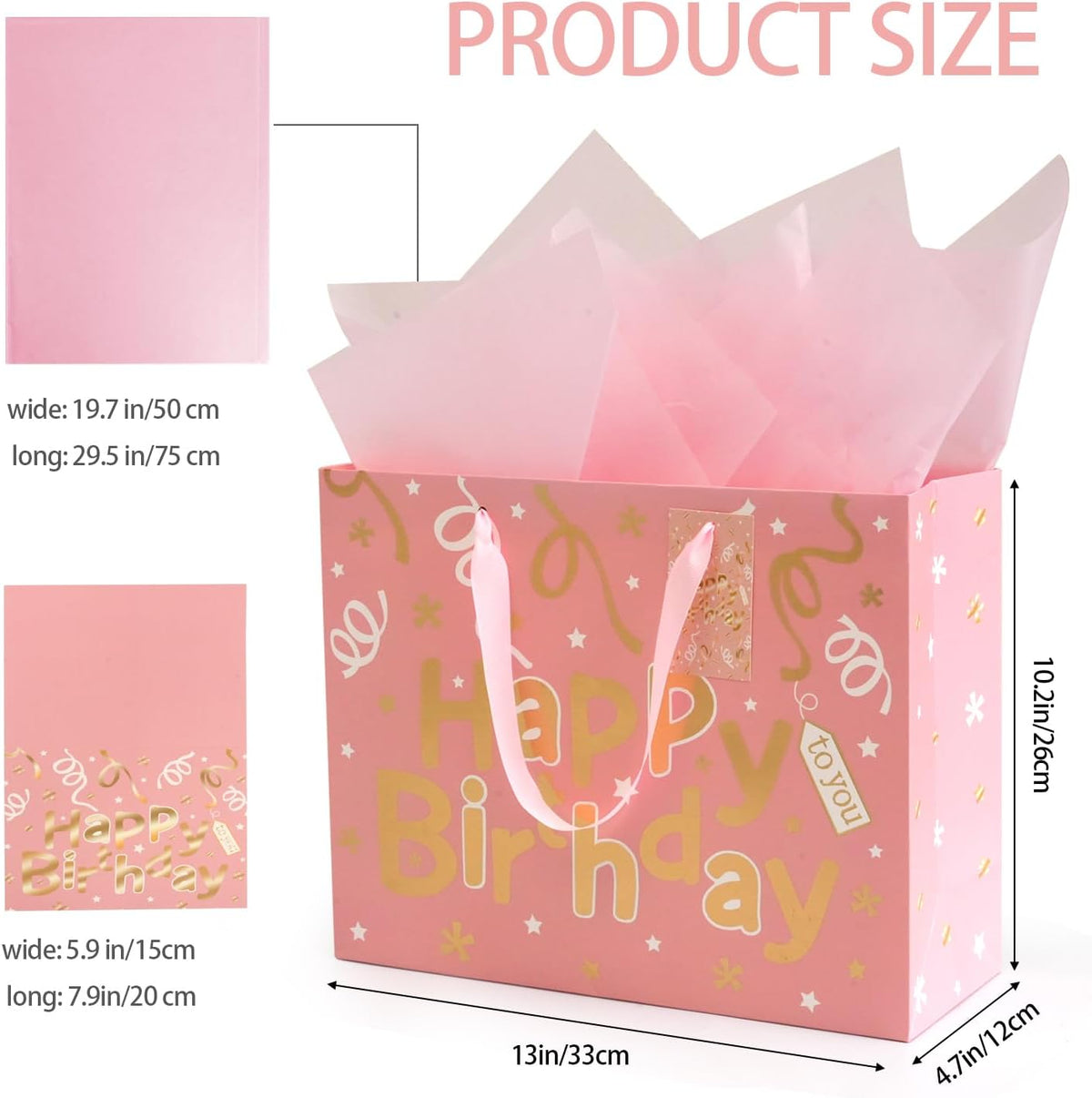 13’’ Pink Gift Bags with Tissue Paper and Greeting Card, 2 PCS Large Light Pink and Gold Foil Happy Birthday Gift Bag Set for Girls Women, Portable Paper Present Bags for Birthday Party, 13x10x5 Inch