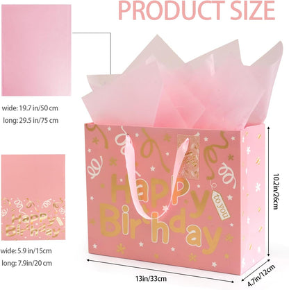 13’’ Pink Gift Bags with Tissue Paper and Greeting Card, 2 PCS Large Light Pink and Gold Foil Happy Birthday Gift Bag Set for Girls Women, Portable Paper Present Bags for Birthday Party, 13x10x5 Inch