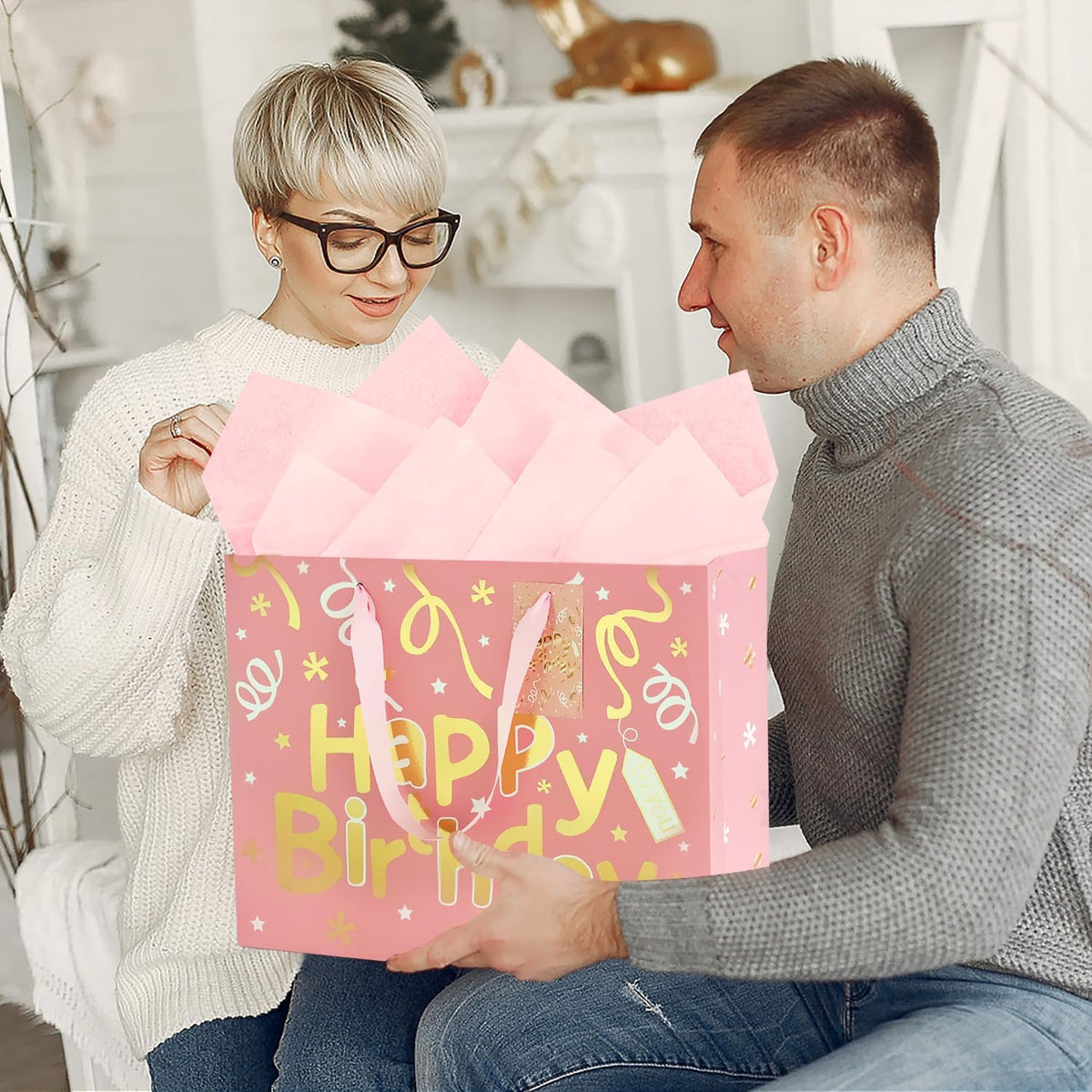 13’’ Pink Gift Bags with Tissue Paper and Greeting Card, 2 PCS Large Light Pink and Gold Foil Happy Birthday Gift Bag Set for Girls Women, Portable Paper Present Bags for Birthday Party, 13x10x5 Inch