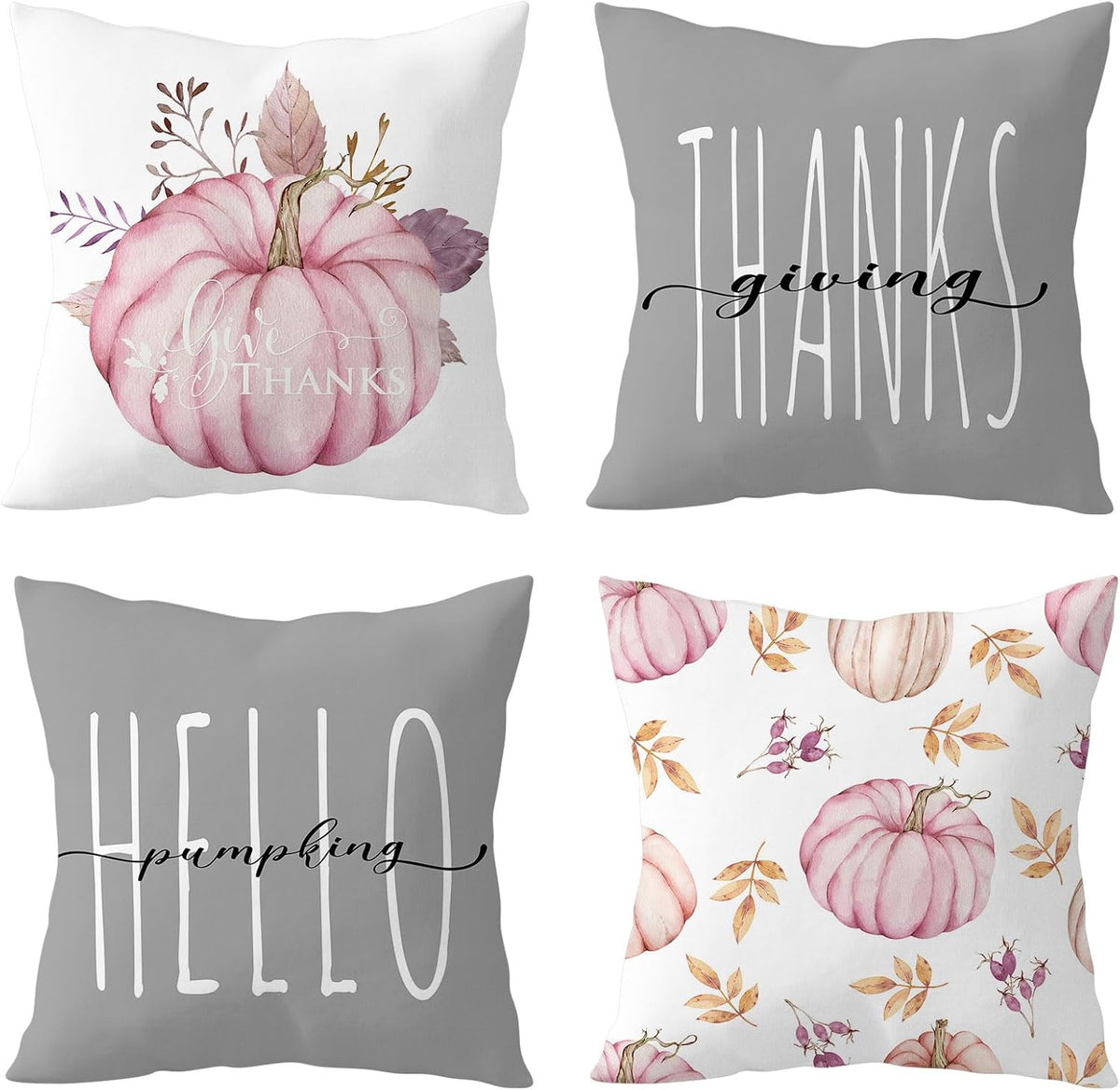 Fall Pink Pumpkin Pillow Covers 18x18 Inch Set of 4,Thanksgiving Orange Maple Leaf Pink Fall Throw Pillow Covers Decorative Pillow Cases for Couch Living Room Sofa Bed Cushion Cases