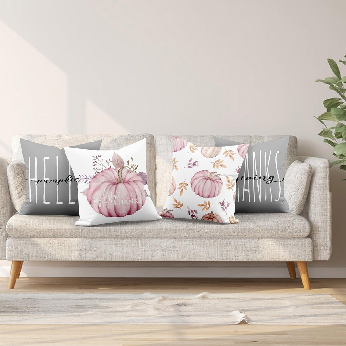 Fall Pink Pumpkin Pillow Covers 18x18 Inch Set of 4,Thanksgiving Orange Maple Leaf Pink Fall Throw Pillow Covers Decorative Pillow Cases for Couch Living Room Sofa Bed Cushion Cases