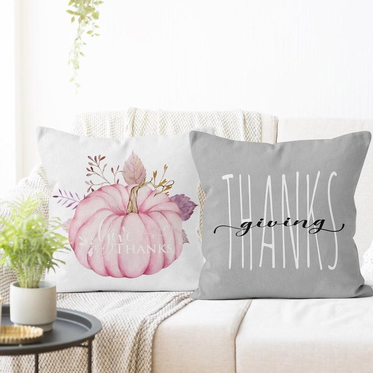 Fall Pink Pumpkin Pillow Covers 18x18 Inch Set of 4,Thanksgiving Orange Maple Leaf Pink Fall Throw Pillow Covers Decorative Pillow Cases for Couch Living Room Sofa Bed Cushion Cases