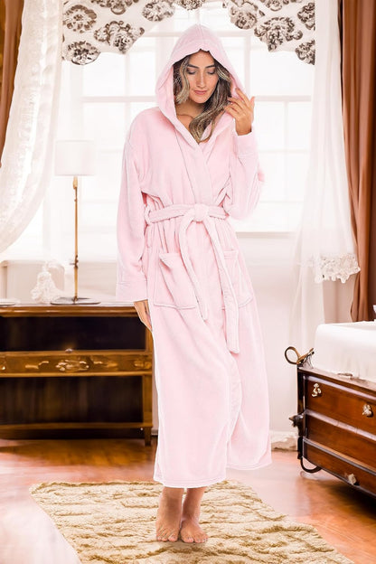 Women's Long Sleeve Plush Fleece Hooded Robe, Full Length Bathrobe