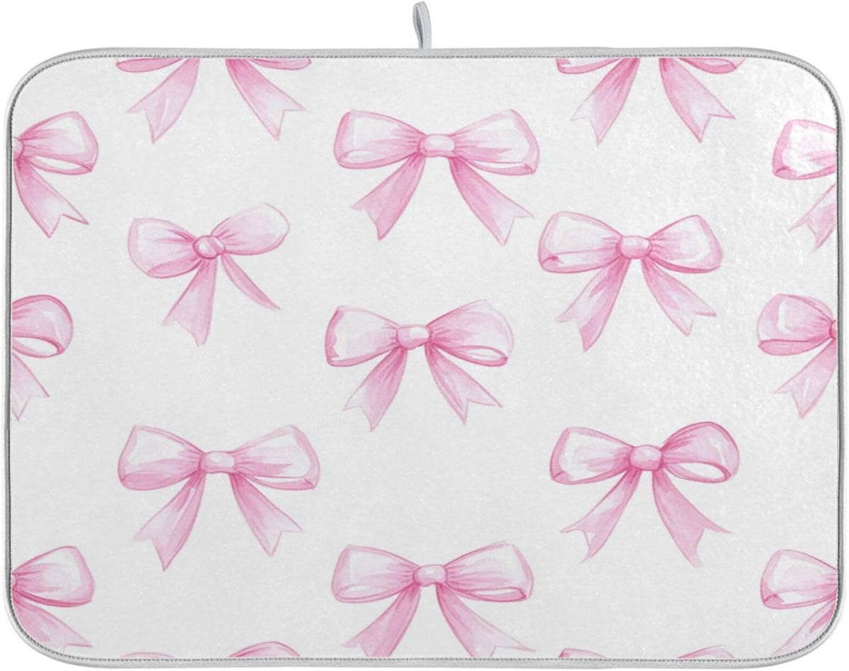 Pink Bows White Dish Drying Mat for Kitchen Counter 18 x 24 inch Rack Mat Microfiber Dry Dishes Mats Drainer Mat Dish Drying Pad Tableware Countertops Mat Decor