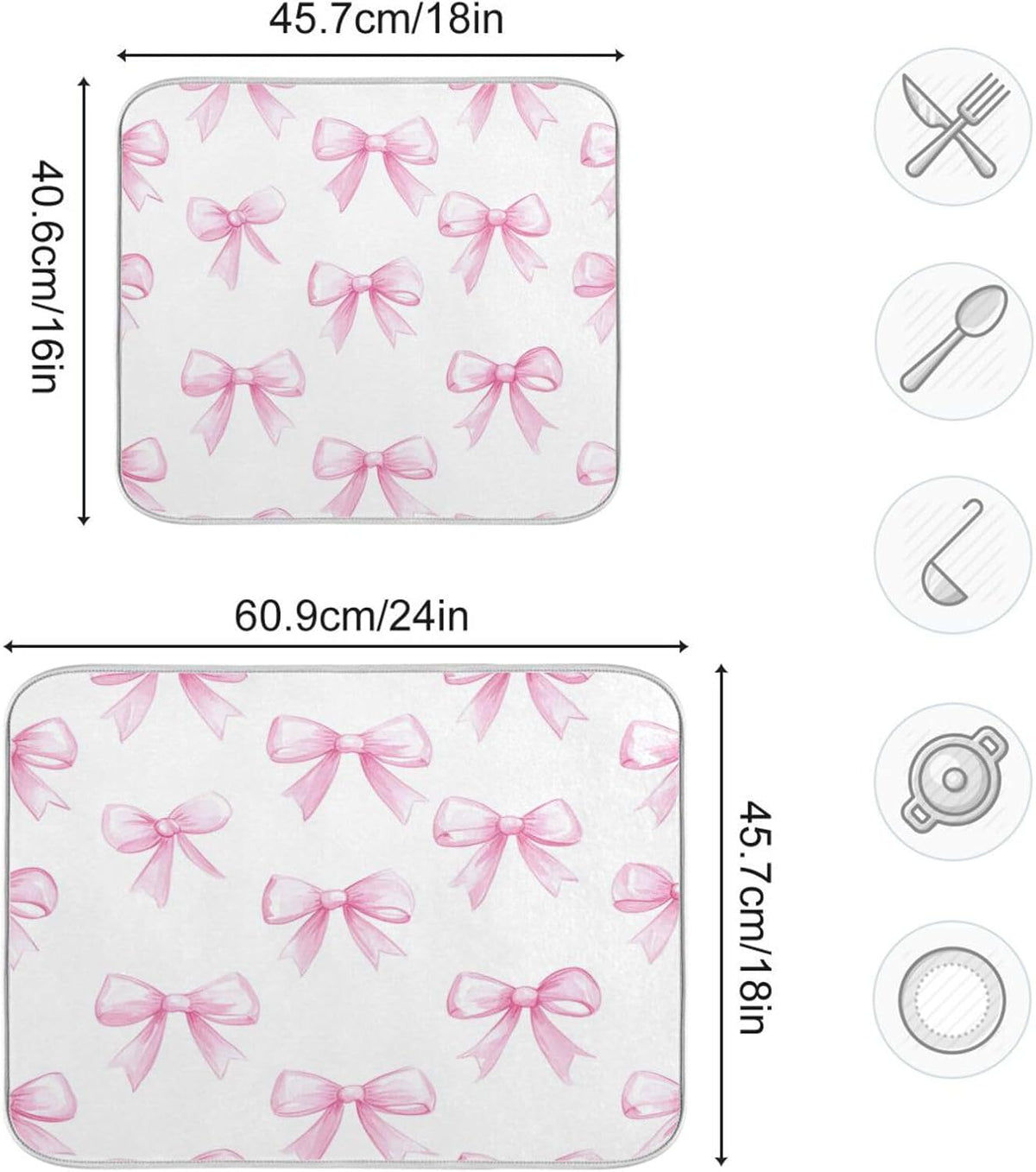 Pink Bows White Dish Drying Mat for Kitchen Counter 18 x 24 inch Rack Mat Microfiber Dry Dishes Mats Drainer Mat Dish Drying Pad Tableware Countertops Mat Decor