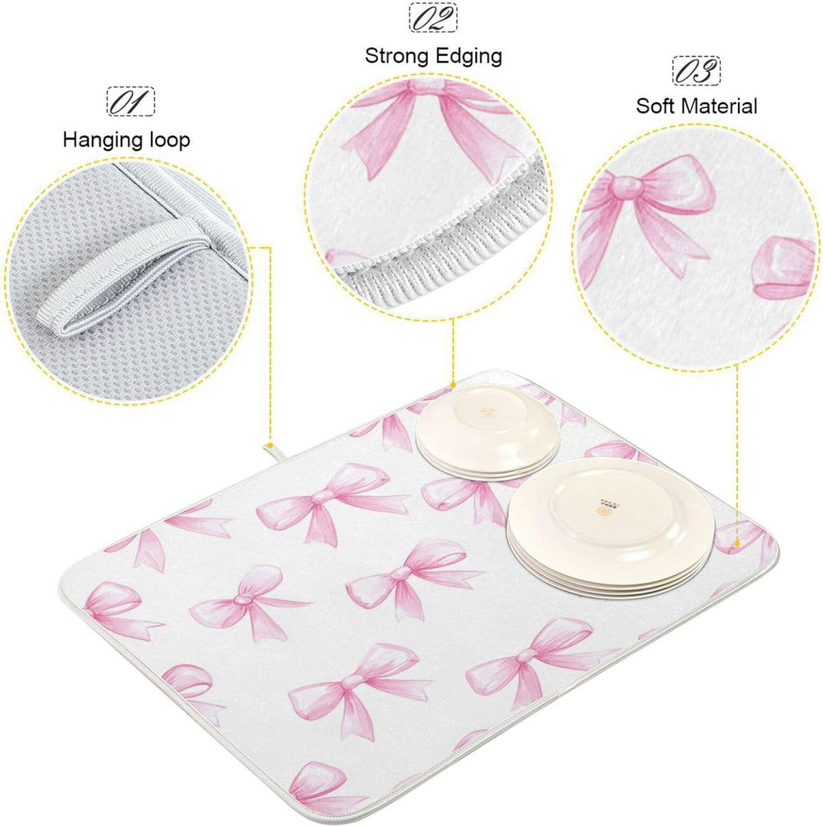 Pink Bows White Dish Drying Mat for Kitchen Counter 18 x 24 inch Rack Mat Microfiber Dry Dishes Mats Drainer Mat Dish Drying Pad Tableware Countertops Mat Decor