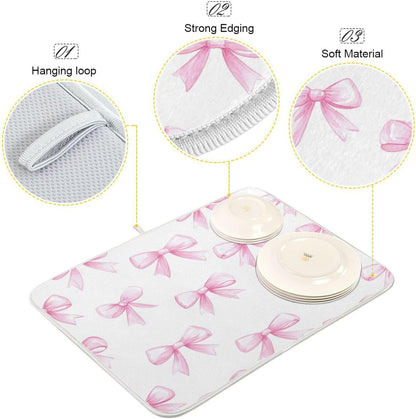 Pink Bows White Dish Drying Mat for Kitchen Counter 18 x 24 inch Rack Mat Microfiber Dry Dishes Mats Drainer Mat Dish Drying Pad Tableware Countertops Mat Decor