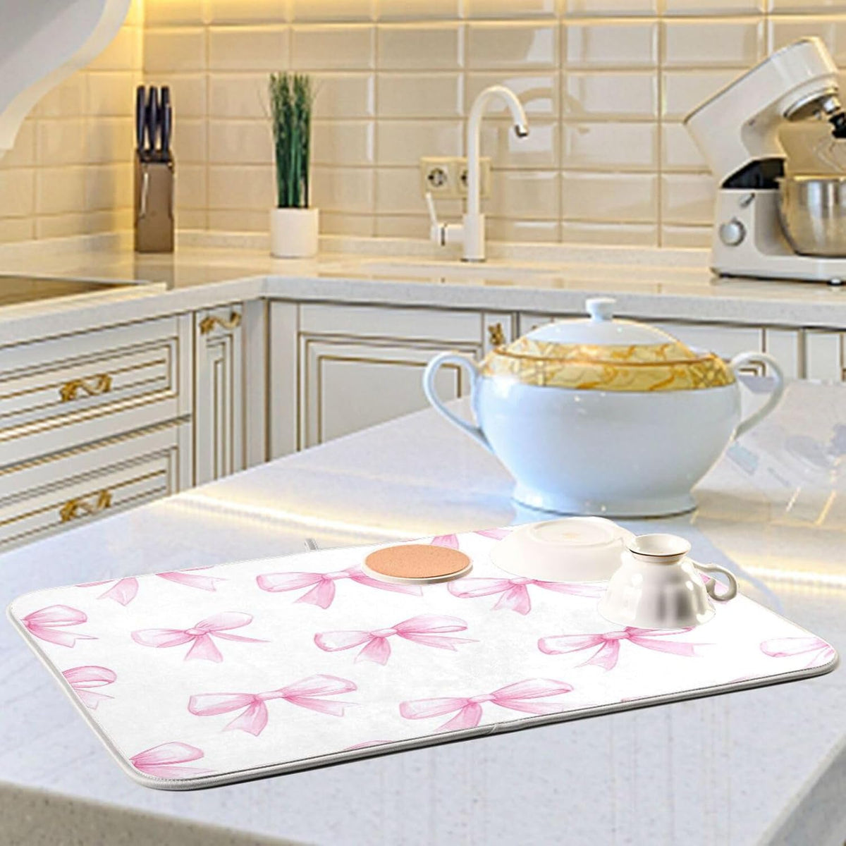 Pink Bows White Dish Drying Mat for Kitchen Counter 18 x 24 inch Rack Mat Microfiber Dry Dishes Mats Drainer Mat Dish Drying Pad Tableware Countertops Mat Decor