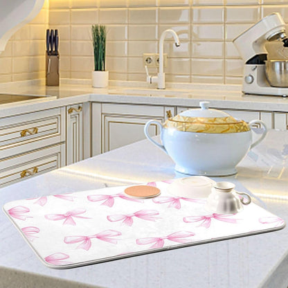 Pink Bows White Dish Drying Mat for Kitchen Counter 18 x 24 inch Rack Mat Microfiber Dry Dishes Mats Drainer Mat Dish Drying Pad Tableware Countertops Mat Decor