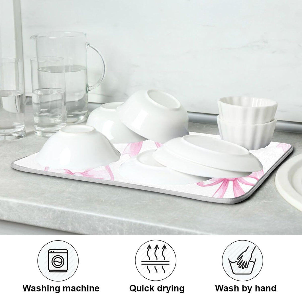 Pink Bows White Dish Drying Mat for Kitchen Counter 18 x 24 inch Rack Mat Microfiber Dry Dishes Mats Drainer Mat Dish Drying Pad Tableware Countertops Mat Decor