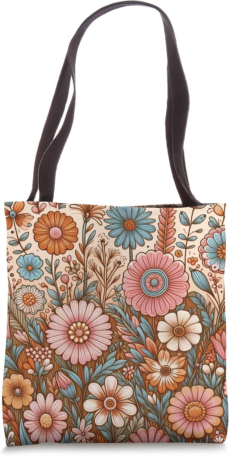 Retro Flowers Meadow Floral Groovy 70s Peach Pink Tote Bag