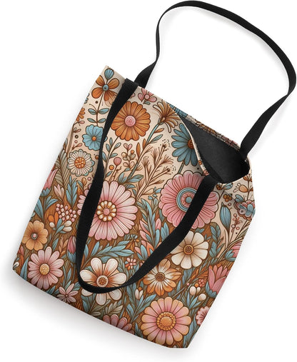 Retro Flowers Meadow Floral Groovy 70s Peach Pink Tote Bag