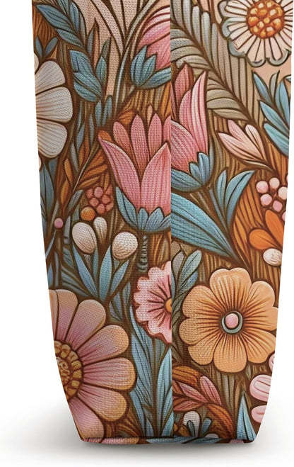 Retro Flowers Meadow Floral Groovy 70s Peach Pink Tote Bag