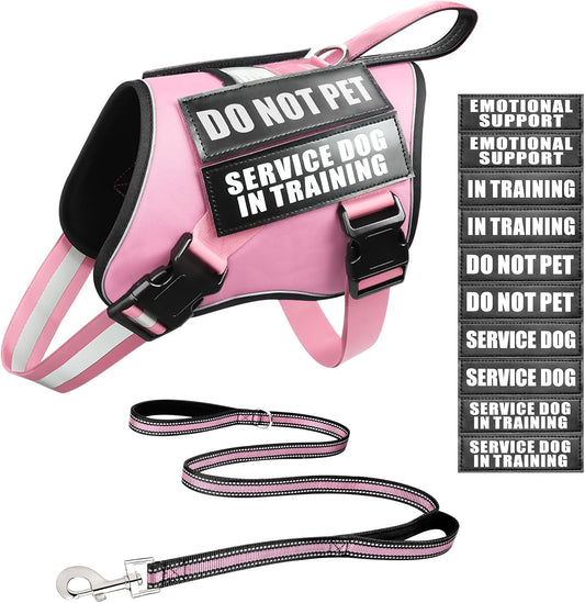 Service Dog Vest Harness and Leash Set+10 Patches,Easy Walk Pink S
