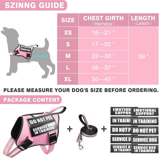 Service Dog Vest Harness and Leash Set+10 Patches,Easy Walk Pink S