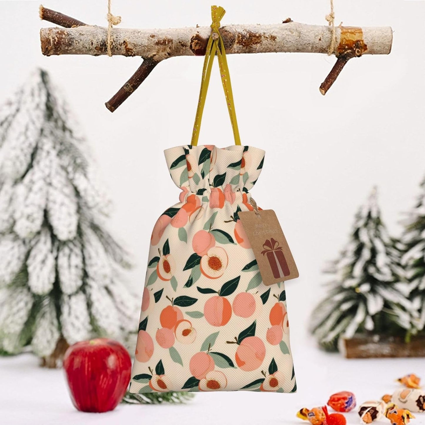 Peaches (3) Print Christmas Drawstring Gift Bags, Reusable Candy Treat Bags For Holiday Birthday Party