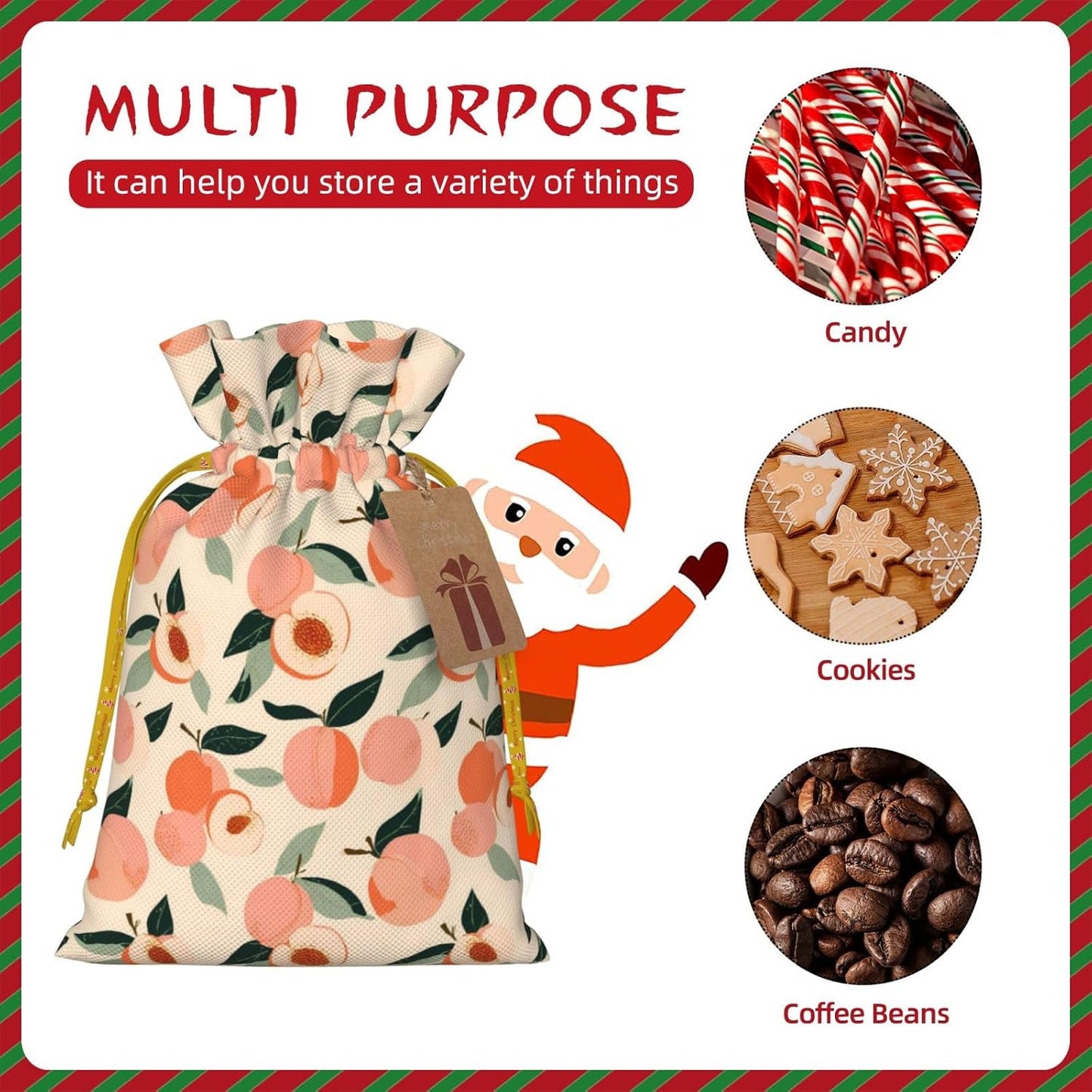 Peaches (3) Print Christmas Drawstring Gift Bags, Reusable Candy Treat Bags For Holiday Birthday Party