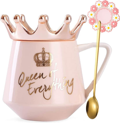 Pink Queen of Everything Mug with Lid Cute Pink Cup with Crown Tea Coffee Mugs Gift with Spoon & Coaster 12 oz Ceramic Cups Birthday Gifts for Women Girls Friend Valentine's Day Gifts for Women