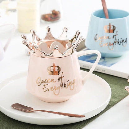 Pink Queen of Everything Mug with Lid Cute Pink Cup with Crown Tea Coffee Mugs Gift with Spoon & Coaster 12 oz Ceramic Cups Birthday Gifts for Women Girls Friend Valentine's Day Gifts for Women
