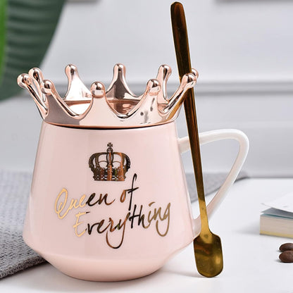 Pink Queen of Everything Mug with Lid Cute Pink Cup with Crown Tea Coffee Mugs Gift with Spoon & Coaster 12 oz Ceramic Cups Birthday Gifts for Women Girls Friend Valentine's Day Gifts for Women