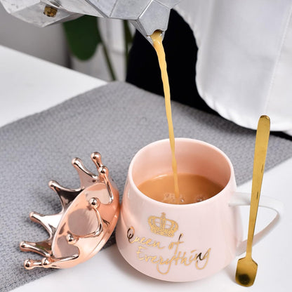 Pink Queen of Everything Mug with Lid Cute Pink Cup with Crown Tea Coffee Mugs Gift with Spoon & Coaster 12 oz Ceramic Cups Birthday Gifts for Women Girls Friend Valentine's Day Gifts for Women