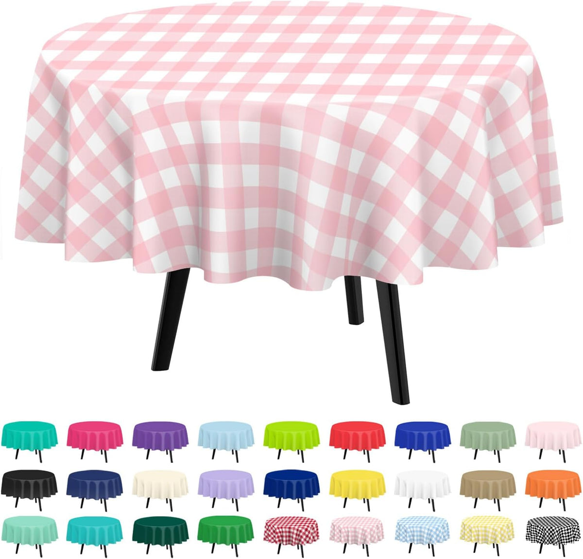 2 Pack Pink Gingham Round Plastic Tablecloth Disposable