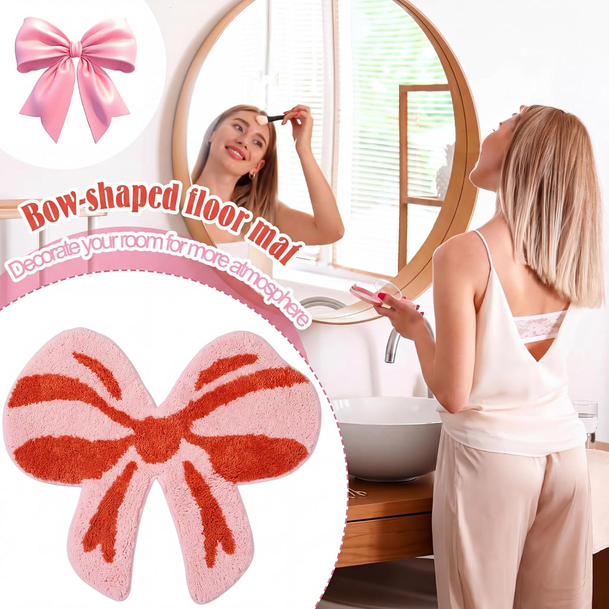 Pink Bow Rug 28x24 Inch Non Slip Bath Rugs Coquette Bathroom Rug