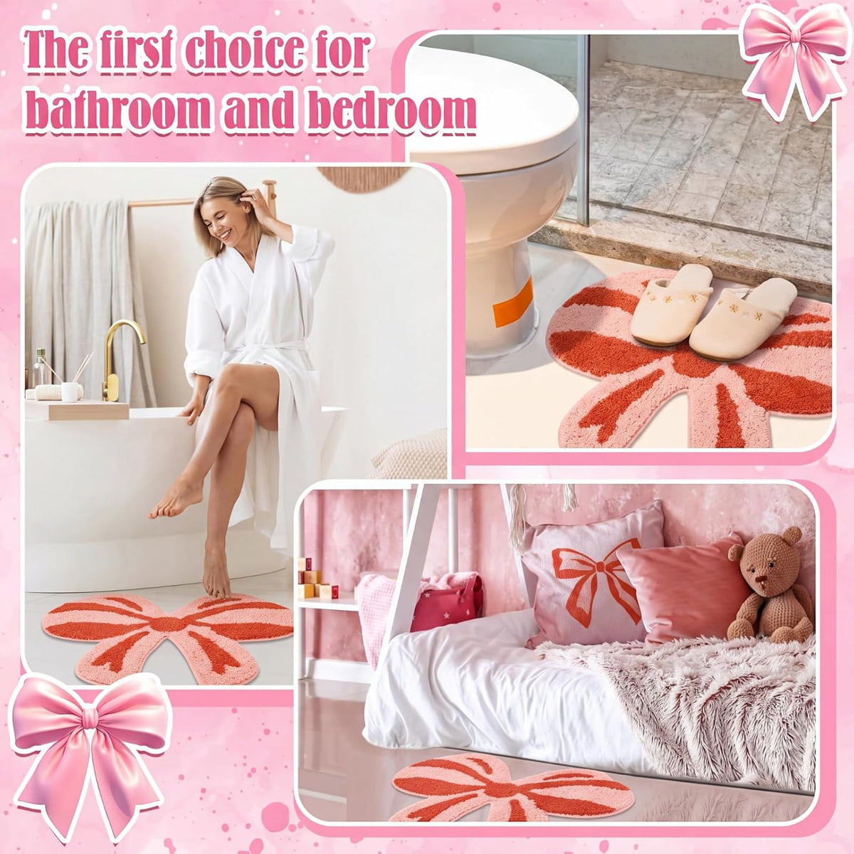 Pink Bow Rug 28x24 Inch Non Slip Bath Rugs Coquette Bathroom Rug