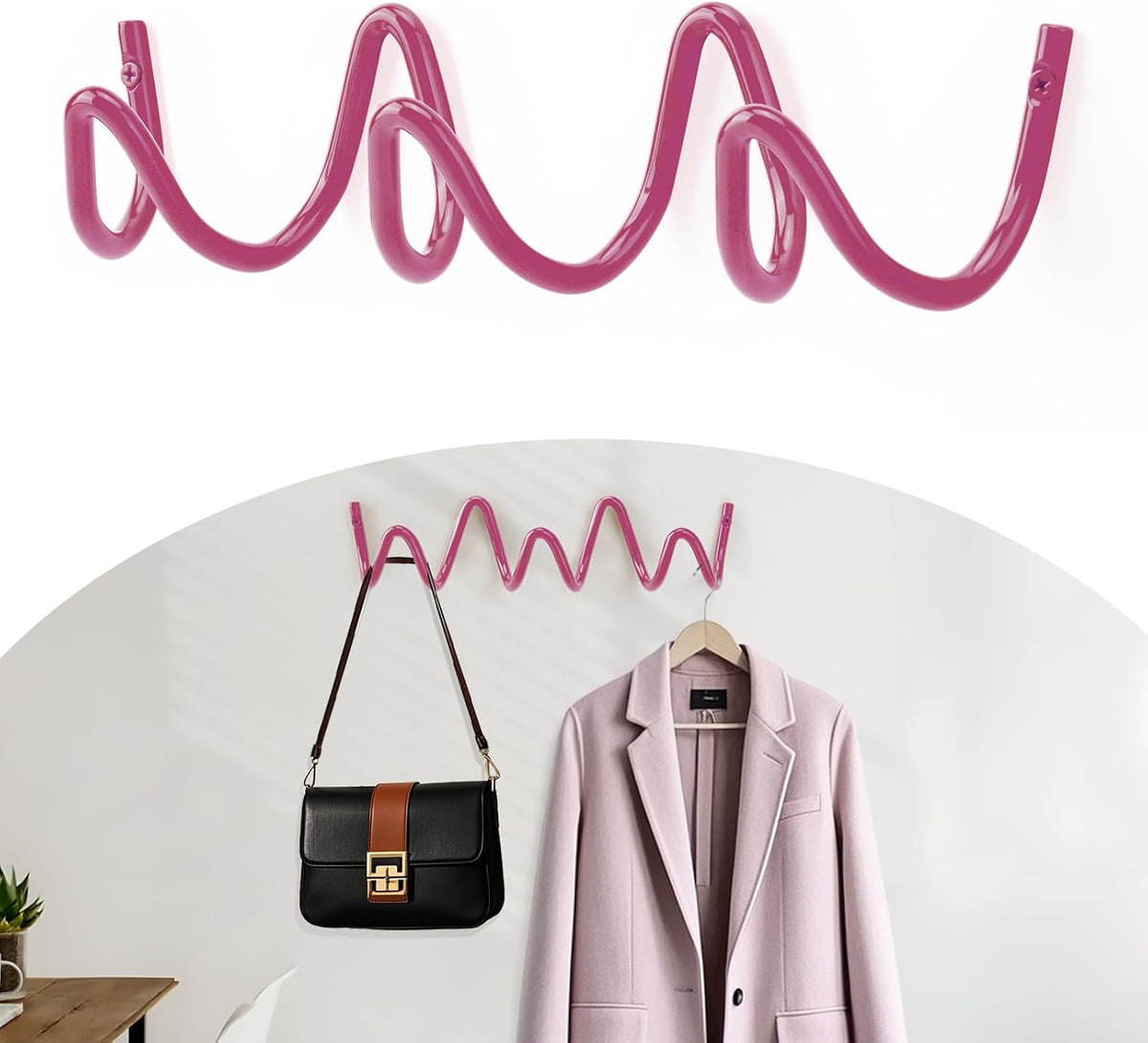 Coat Rack Wall Mount, Creative Wave Wall Hooks 20KG Capacity, Easy Installation, Multi-Purpose Hooks for Coat, Hat, Bag, Umbrella (Pink, 29cm x 7.5cm (11.41" x 2.95"))