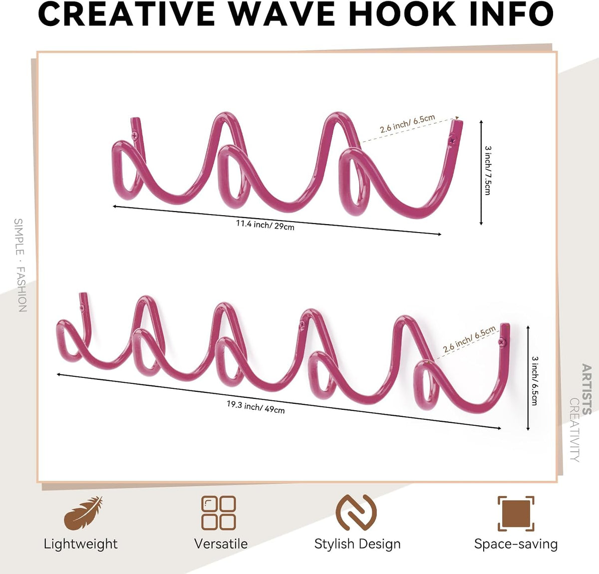 Coat Rack Wall Mount, Creative Wave Wall Hooks 20KG Capacity, Easy Installation, Multi-Purpose Hooks for Coat, Hat, Bag, Umbrella (Pink, 29cm x 7.5cm (11.41" x 2.95"))