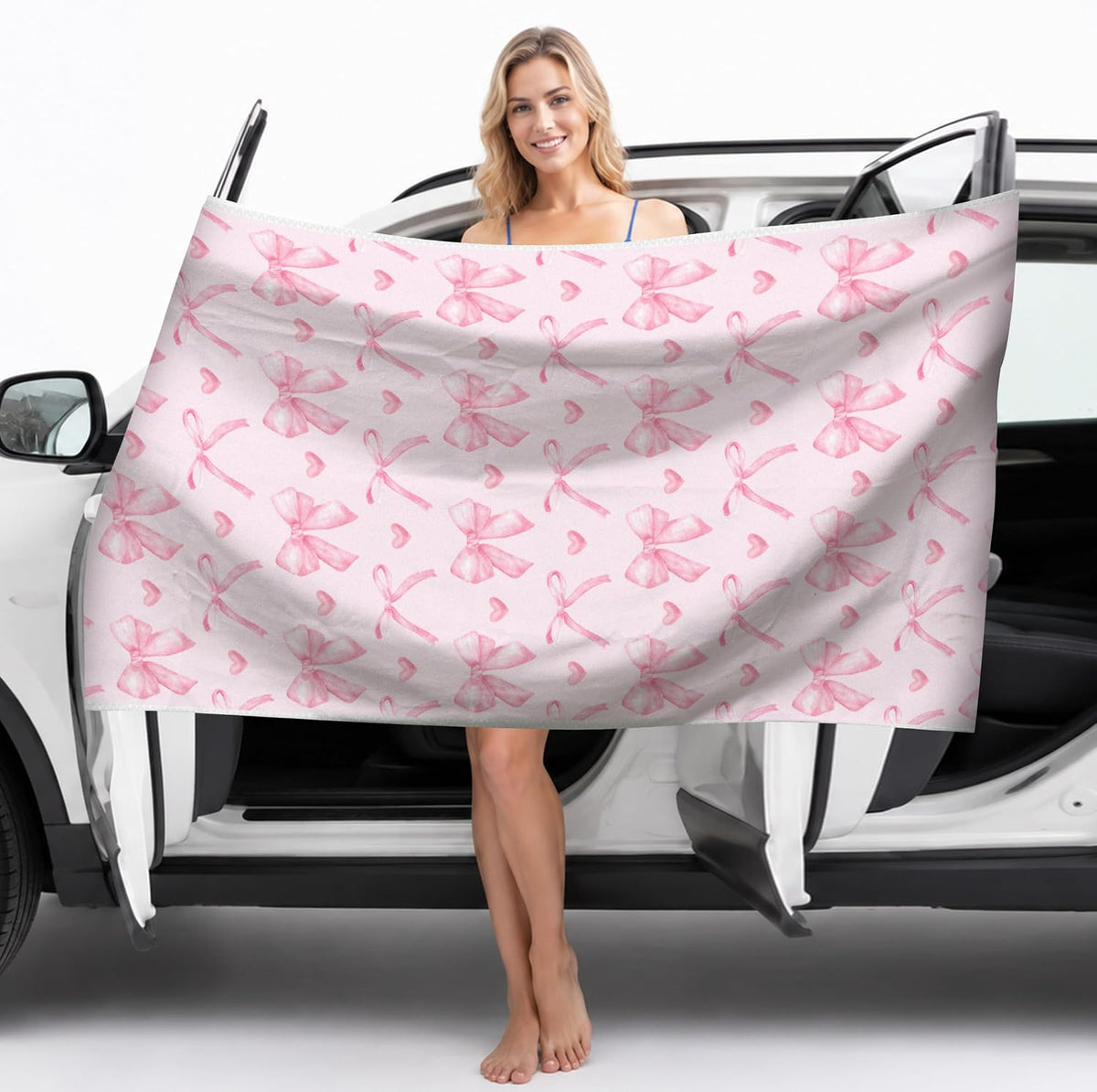 Coquette Pink Bow Magnetic Beach Towel - 75"x30" Sand Free Quick Dry Microfiber Towel with Built-in Magnets Lightweight for Beach Chair Car Door Pool Travel Camping Yoga with Storage Bag