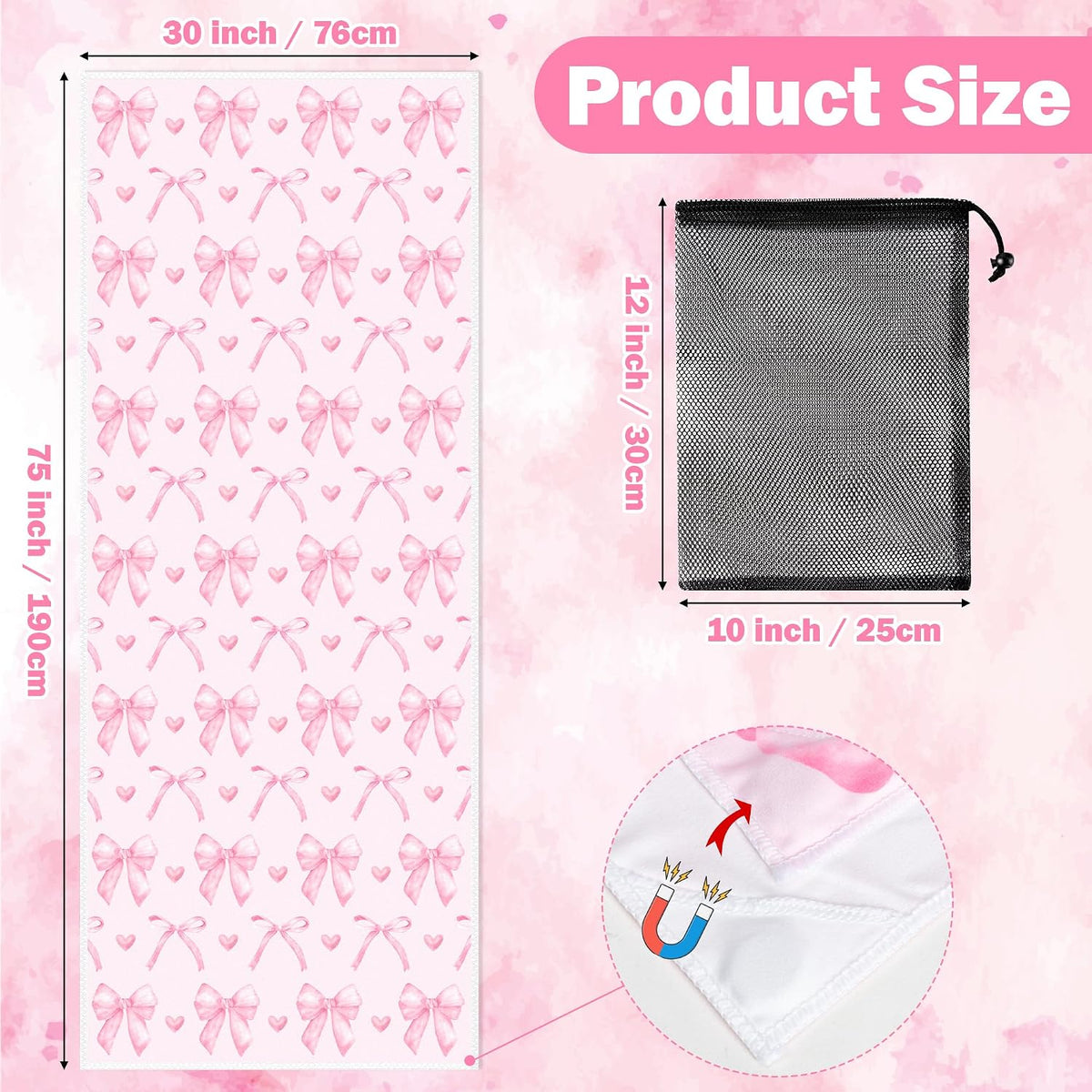 Coquette Pink Bow Magnetic Beach Towel - 75"x30" Sand Free Quick Dry Microfiber Towel with Built-in Magnets Lightweight for Beach Chair Car Door Pool Travel Camping Yoga with Storage Bag