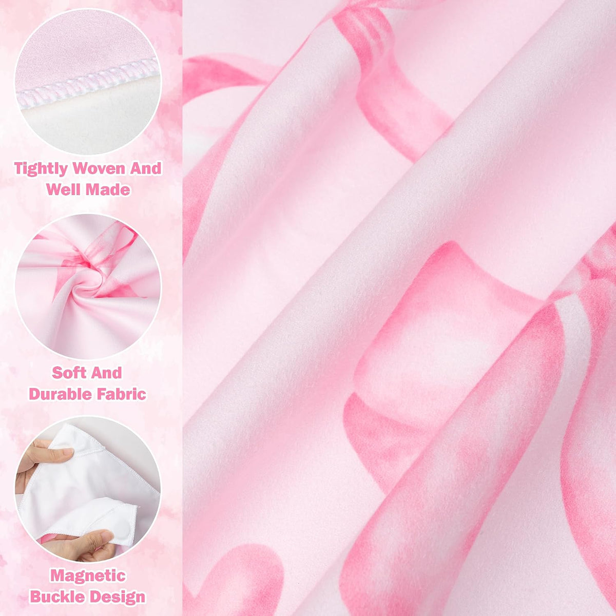 Coquette Pink Bow Magnetic Beach Towel - 75"x30" Sand Free Quick Dry Microfiber Towel with Built-in Magnets Lightweight for Beach Chair Car Door Pool Travel Camping Yoga with Storage Bag