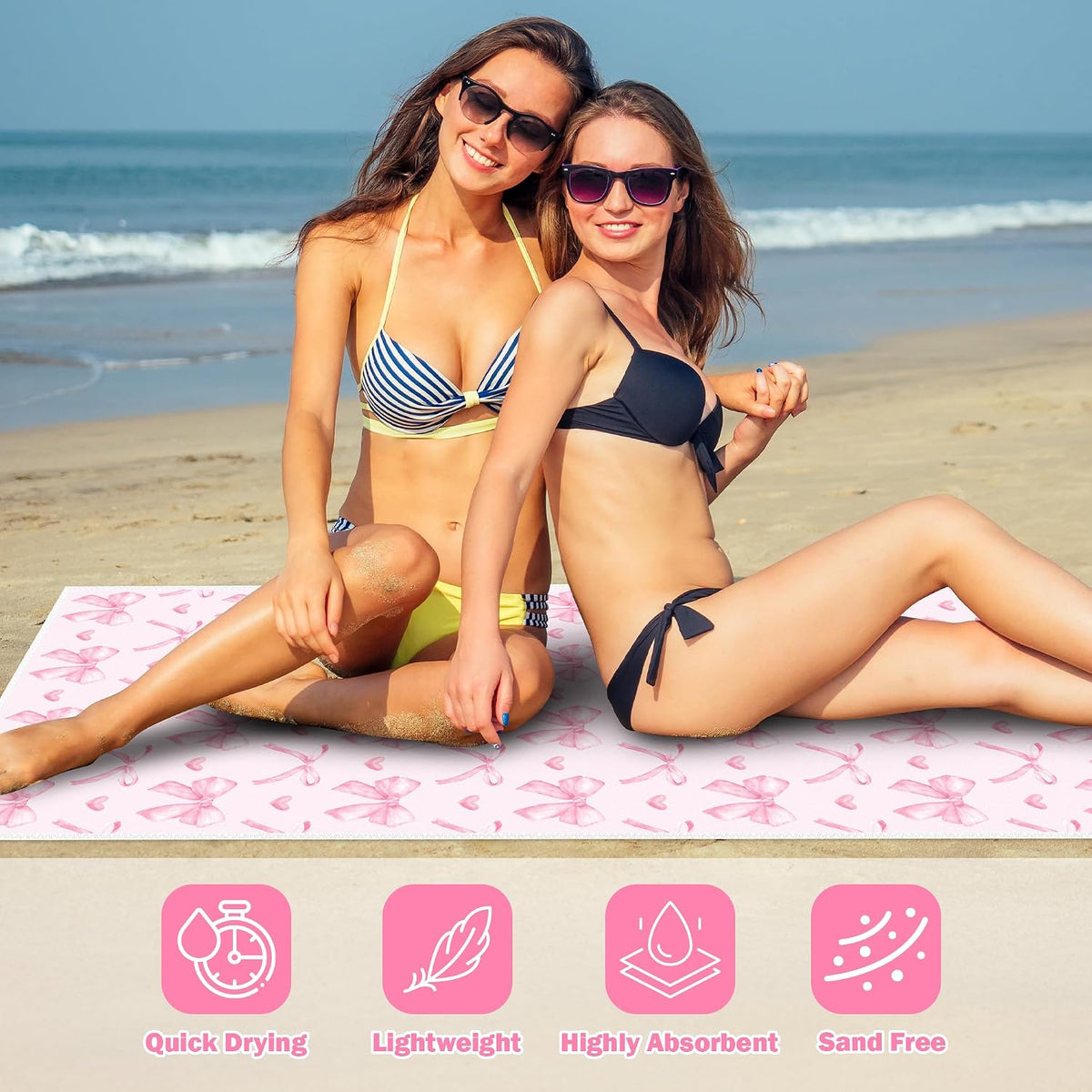 Coquette Pink Bow Magnetic Beach Towel - 75"x30" Sand Free Quick Dry Microfiber Towel with Built-in Magnets Lightweight for Beach Chair Car Door Pool Travel Camping Yoga with Storage Bag
