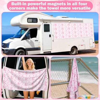 Coquette Pink Bow Magnetic Beach Towel - 75"x30" Sand Free Quick Dry Microfiber Towel with Built-in Magnets Lightweight for Beach Chair Car Door Pool Travel Camping Yoga with Storage Bag