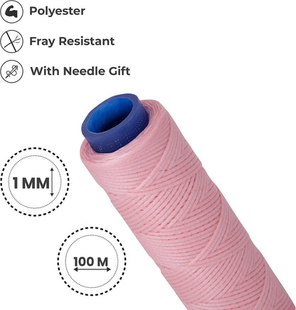 Waxed Thread, Strong Thread for Leather, Upholstery, Shoe, Bag, incl. Needle (Colour: Baby Pink)