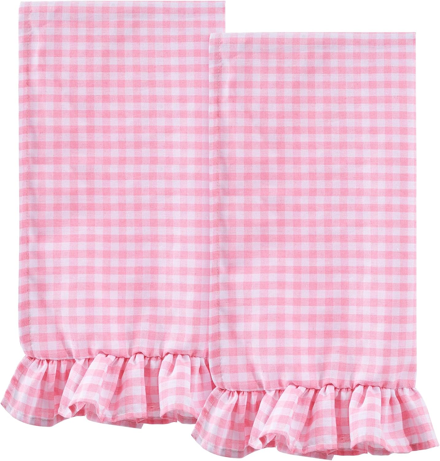 2 PCS Ruffled Gingham Dish Towels Pink White Checkered Kitchen Hand Towels 26"x 18" Cotton Farmhouse Tea Towels with Ruffles for Cooking Baking Housewarming Home Decor Absorbent Cloth