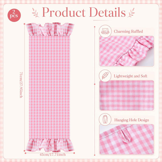 2 PCS Ruffled Gingham Dish Towels Pink White Checkered Kitchen Hand Towels 26"x 18" Cotton Farmhouse Tea Towels with Ruffles for Cooking Baking Housewarming Home Decor Absorbent Cloth