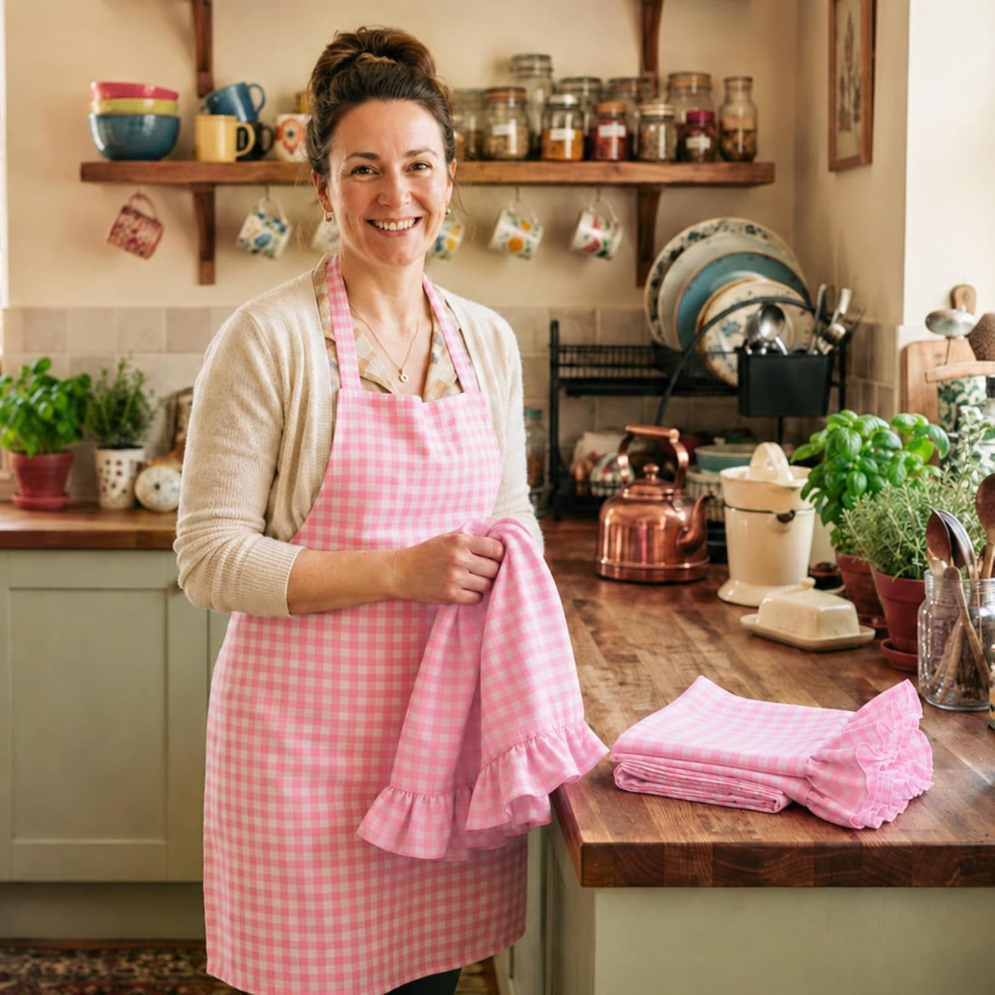 2 PCS Ruffled Gingham Dish Towels Pink White Checkered Kitchen Hand Towels 26"x 18" Cotton Farmhouse Tea Towels with Ruffles for Cooking Baking Housewarming Home Decor Absorbent Cloth