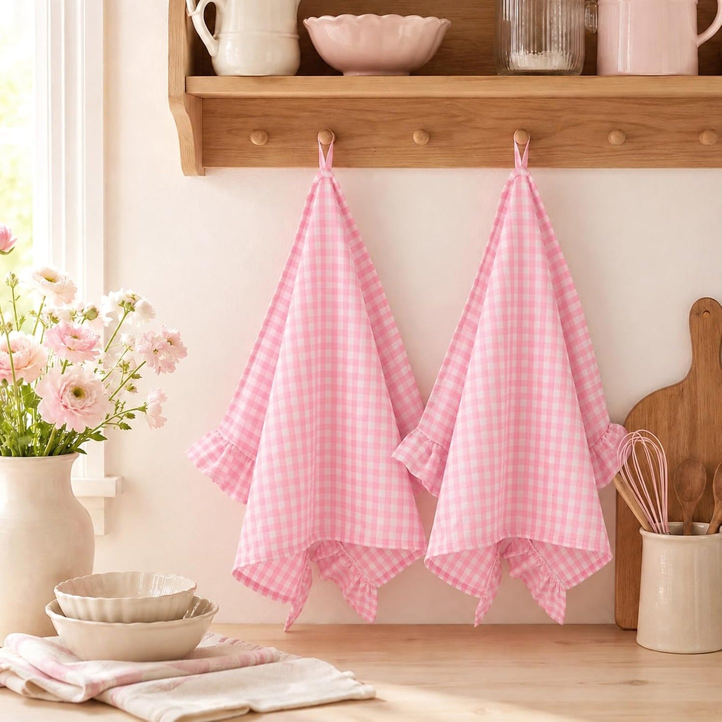 2 PCS Ruffled Gingham Dish Towels Pink White Checkered Kitchen Hand Towels 26"x 18" Cotton Farmhouse Tea Towels with Ruffles for Cooking Baking Housewarming Home Decor Absorbent Cloth