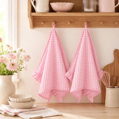 2 PCS Ruffled Gingham Dish Towels Pink White Checkered Kitchen Hand Towels 26"x 18" Cotton Farmhouse Tea Towels with Ruffles for Cooking Baking Housewarming Home Decor Absorbent Cloth