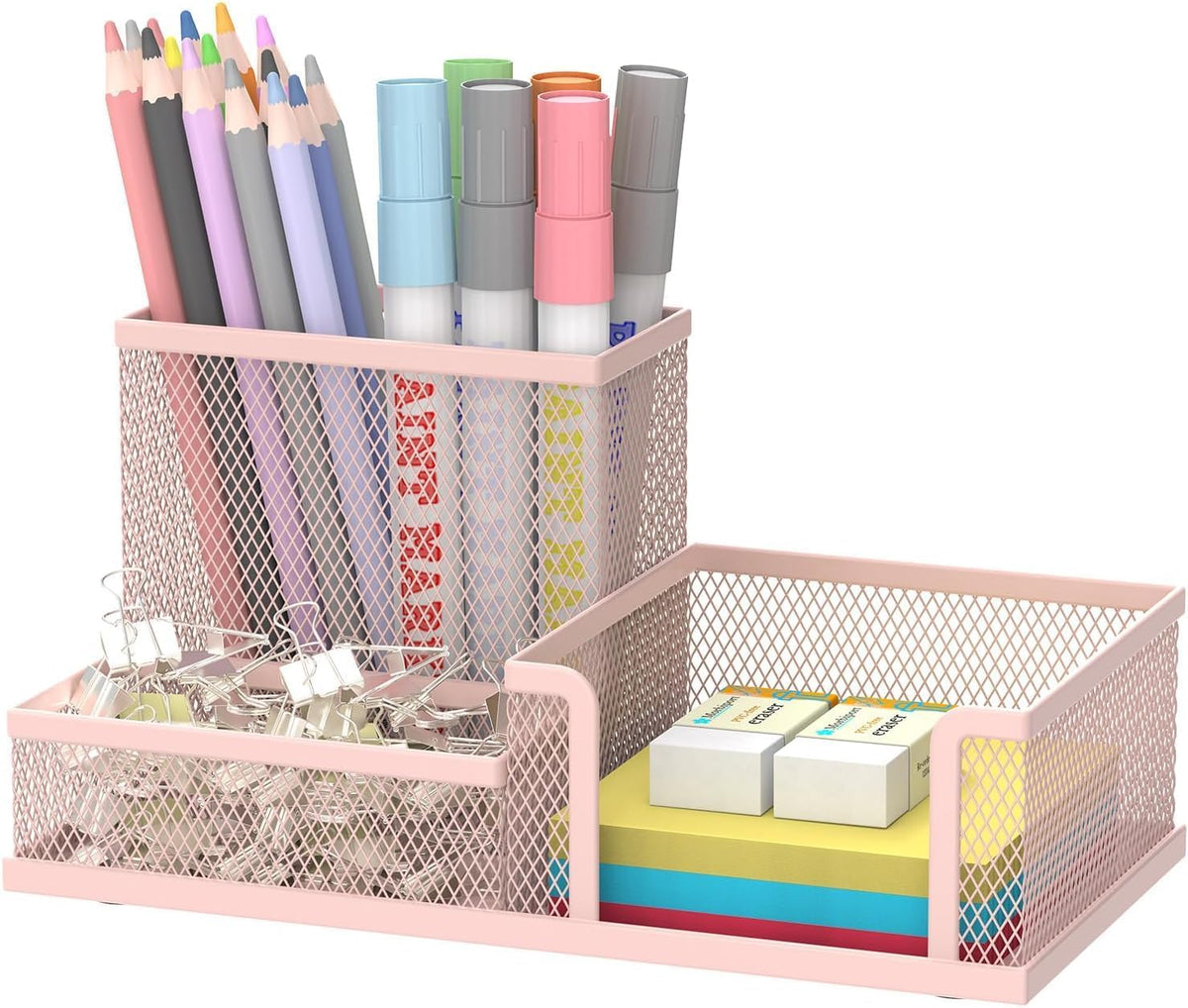 LIGHT PINK 3 Compartment Metal Mesh Desk Organizer
