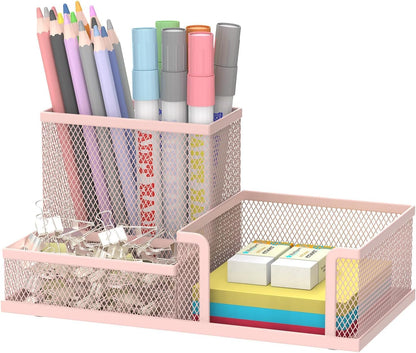 LIGHT PINK 3 Compartment Metal Mesh Desk Organizer