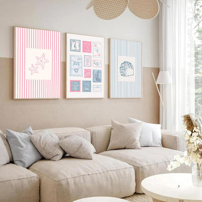 3Pcs Trendy Coastal Pink Canvas Wall Art Blue Seashell Bikini Painting Picture Wall Decor Pastel Coquette Preppy Ocean Poster Print Artwork for Bedroom Dorm Apartment Home Decoration Unframed