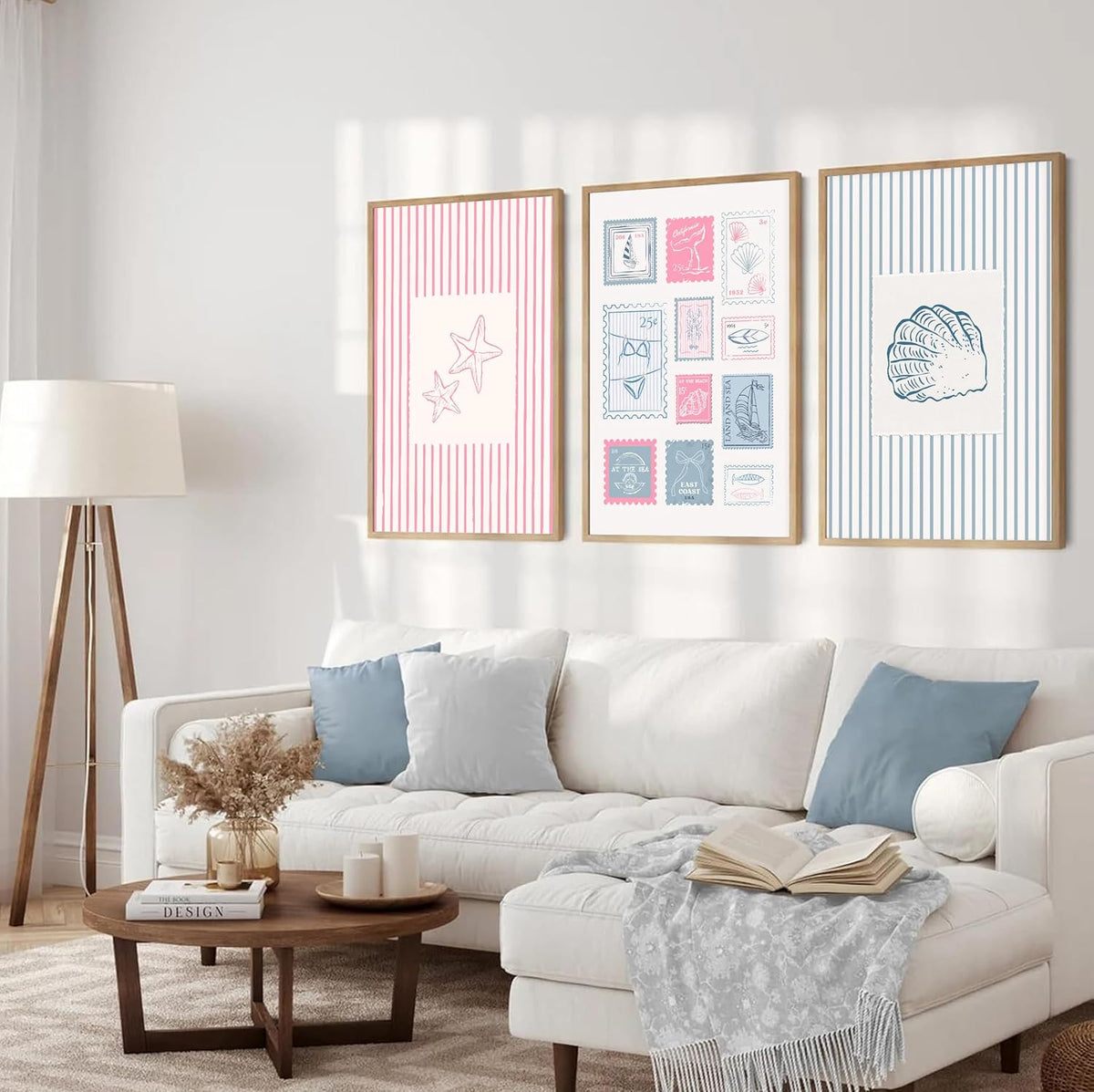 3Pcs Trendy Coastal Pink Canvas Wall Art Blue Seashell Bikini Painting Picture Wall Decor Pastel Coquette Preppy Ocean Poster Print Artwork for Bedroom Dorm Apartment Home Decoration Unframed